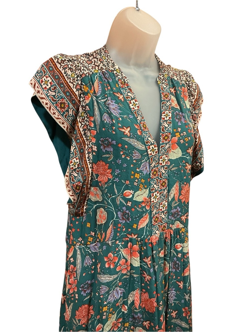 Anthropologie Zenia Floral Dark Teal V-Neck Flutter Sleeve Mini Dress Size XS - Picture 3 of 8